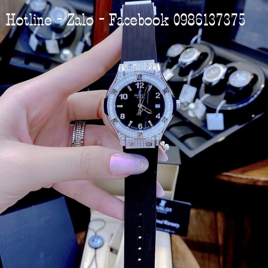 Đồng Hồ Hublot Cặp Silicon Đen Đính Đá 42mm 34mm Máy Quartz