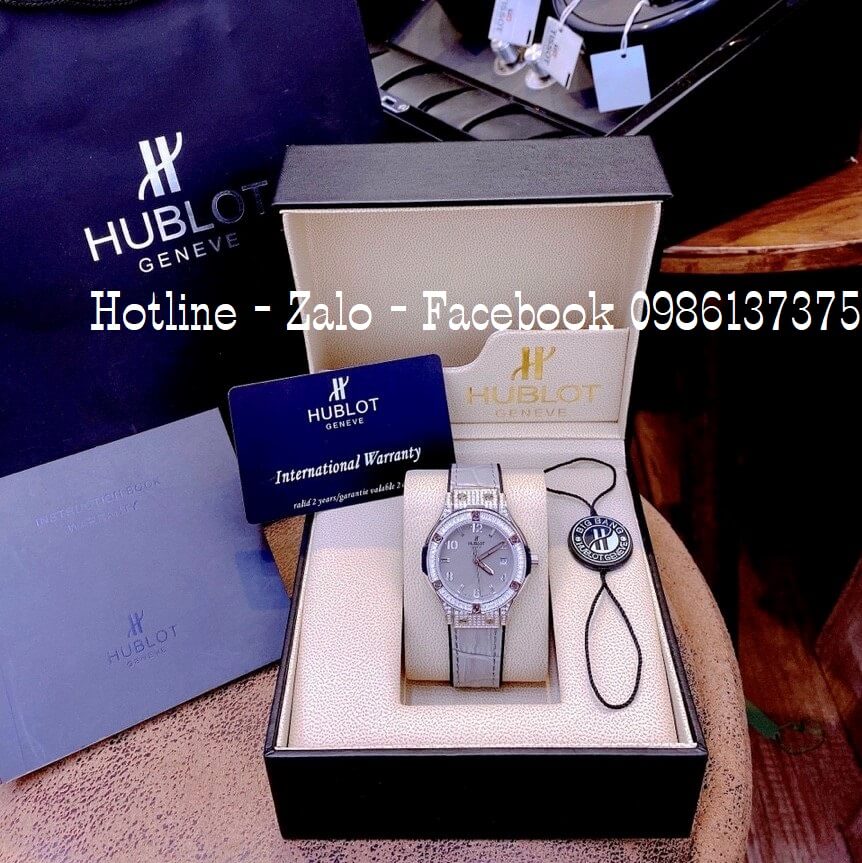 Đồng Hồ Hublot Cặp Dây Da Silicon Xám Đính Đá 42mm-34mm