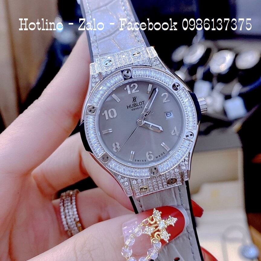 Đồng Hồ Hublot Cặp Dây Da Silicon Xám Đính Đá 42mm-34mm