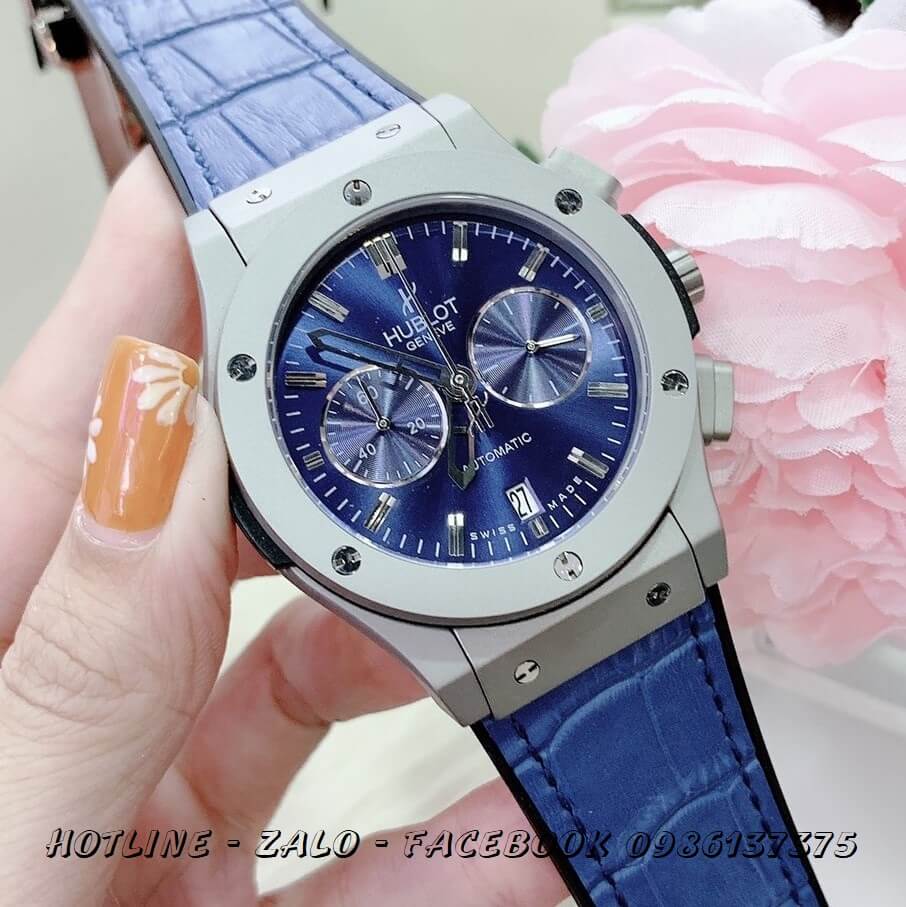 Đồng Hồ Nam Hublot Quartz 5 Kim Dây Da Silicon Xanh 42mm Vỏ Xám