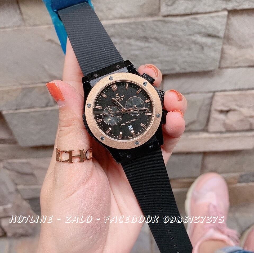 Đồng Hồ Nam Hublot Quartz 5 Kim Silicon Đen 42mm HB04