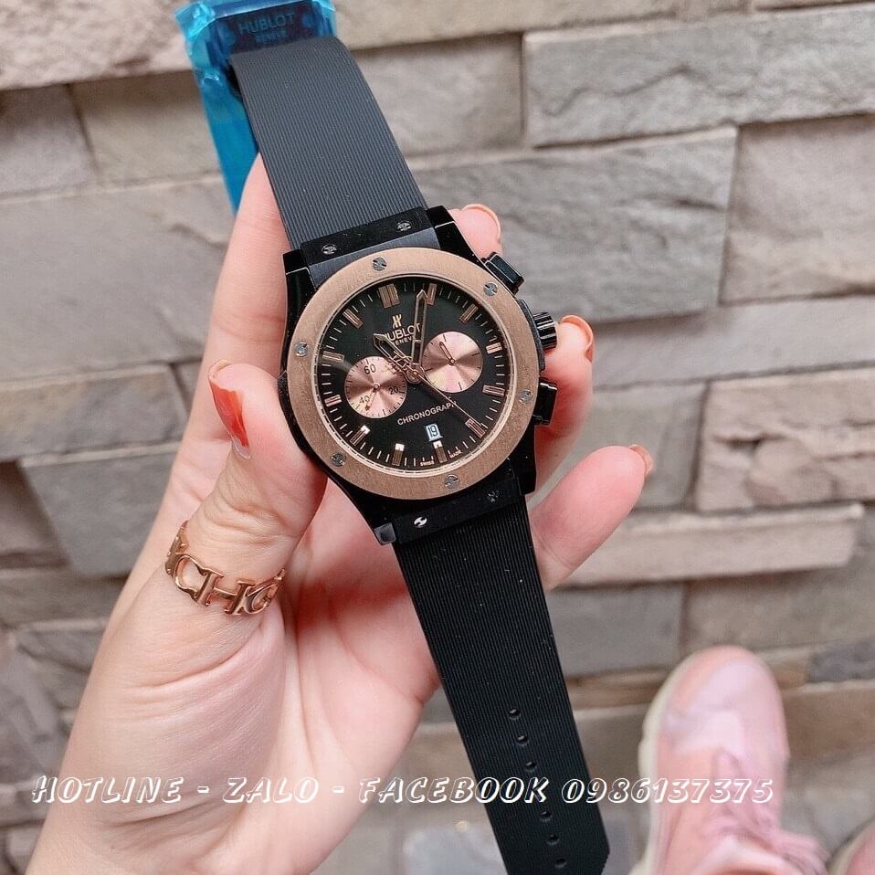 Đồng Hồ Nam Hublot Quartz 5 Kim Silicon Đen 42mm HB06