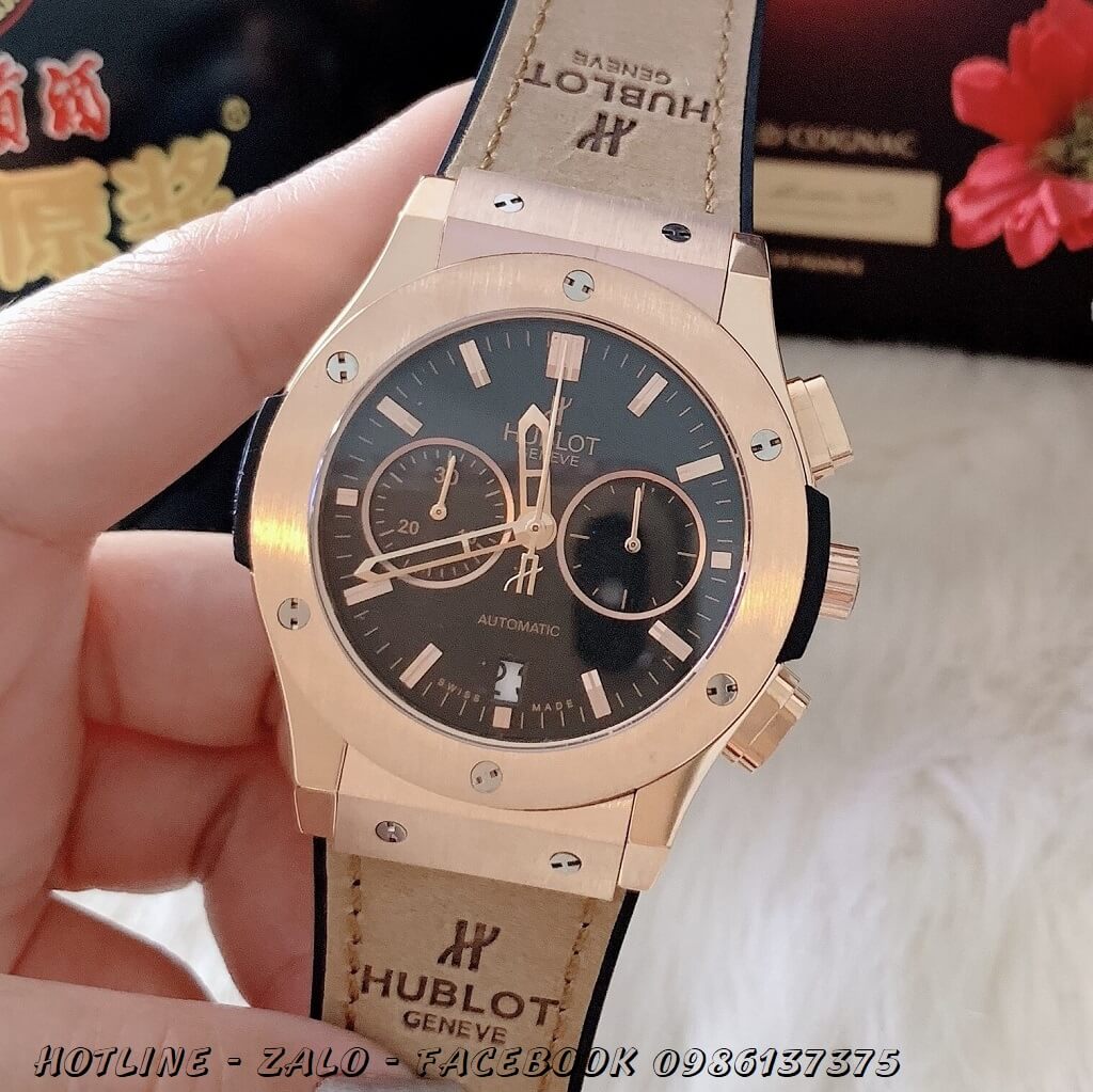 Đồng Hồ Nam Hublot Quartz 5 Kim Dây Da Silicon Nâu 42mm