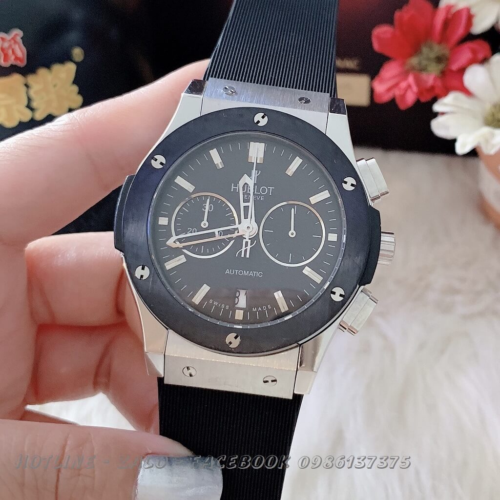 Đồng Hồ Nam Hublot Quartz 5 Kim Dây Da Silicon Đen 42mm Silver