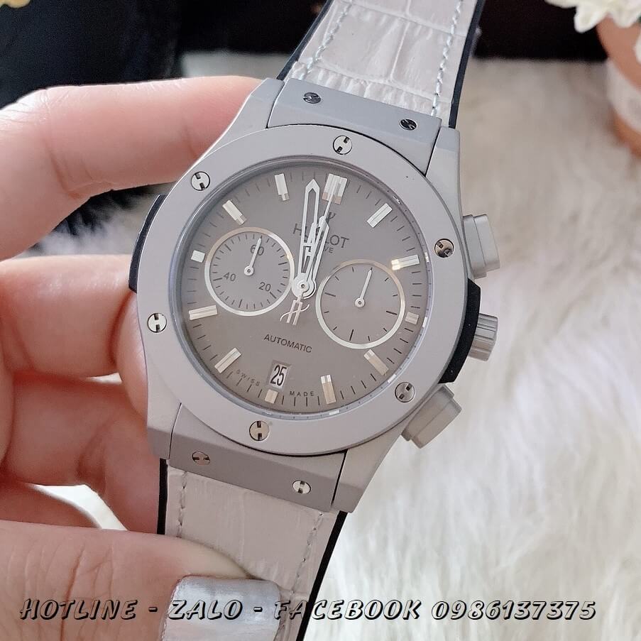 Đồng Hồ Nam Hublot Quartz 5 Kim Dây Da Silicon Xám 42mm Vỏ Xám