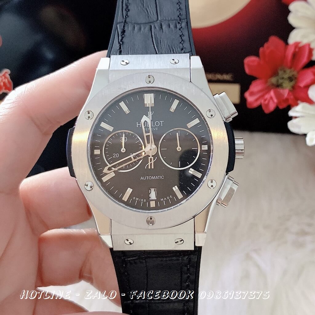 Đồng Hồ Nam Hublot Quartz 5 Kim Dây Da Silicon Đen 42mm Silver