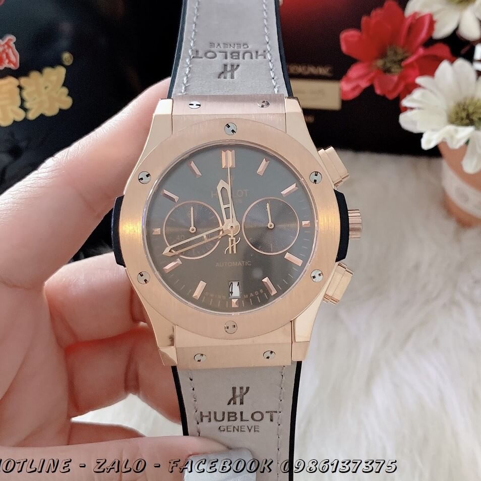 Đồng Hồ Nam Hublot Quartz 5 Kim Dây Da Silicon Xám 42mm