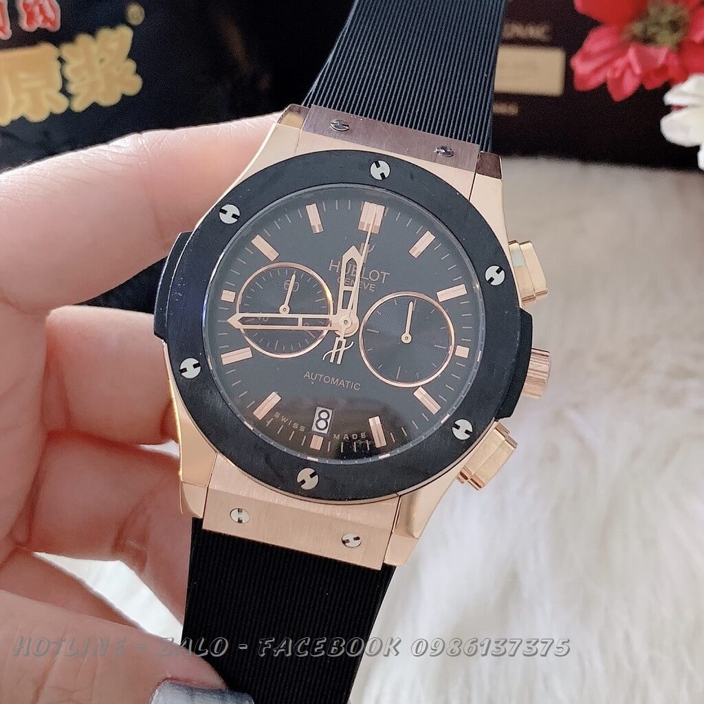 Đồng Hồ Nam Hublot Quartz 5 Kim Silicon Đen 42mm Rose Gold