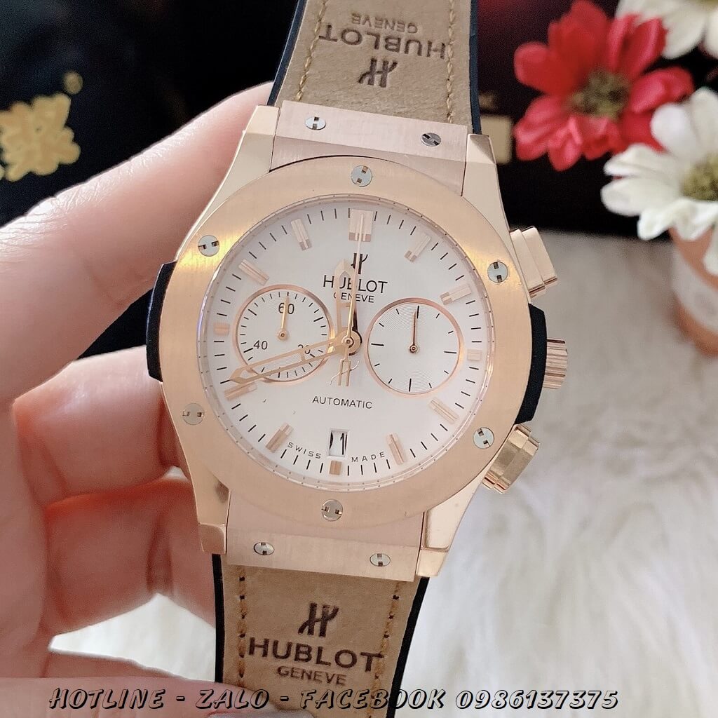 Đồng Hồ Nam Hublot Quartz 5 Kim Dây Da Silicon Nâu 42mm Rose Gold