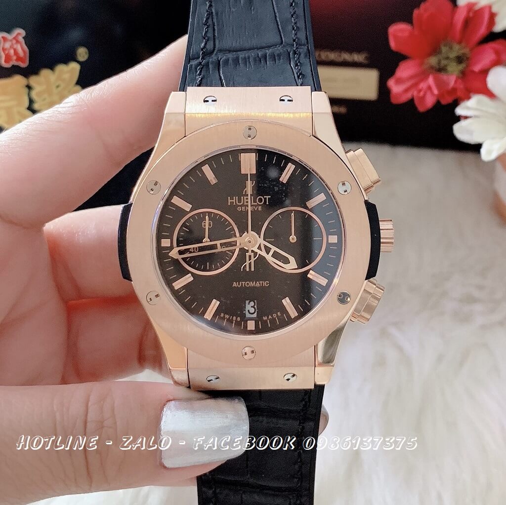 Đồng Hồ Nam Hublot Quartz 5 Kim Dây Da Silicon Đen 42mm Rose Gold