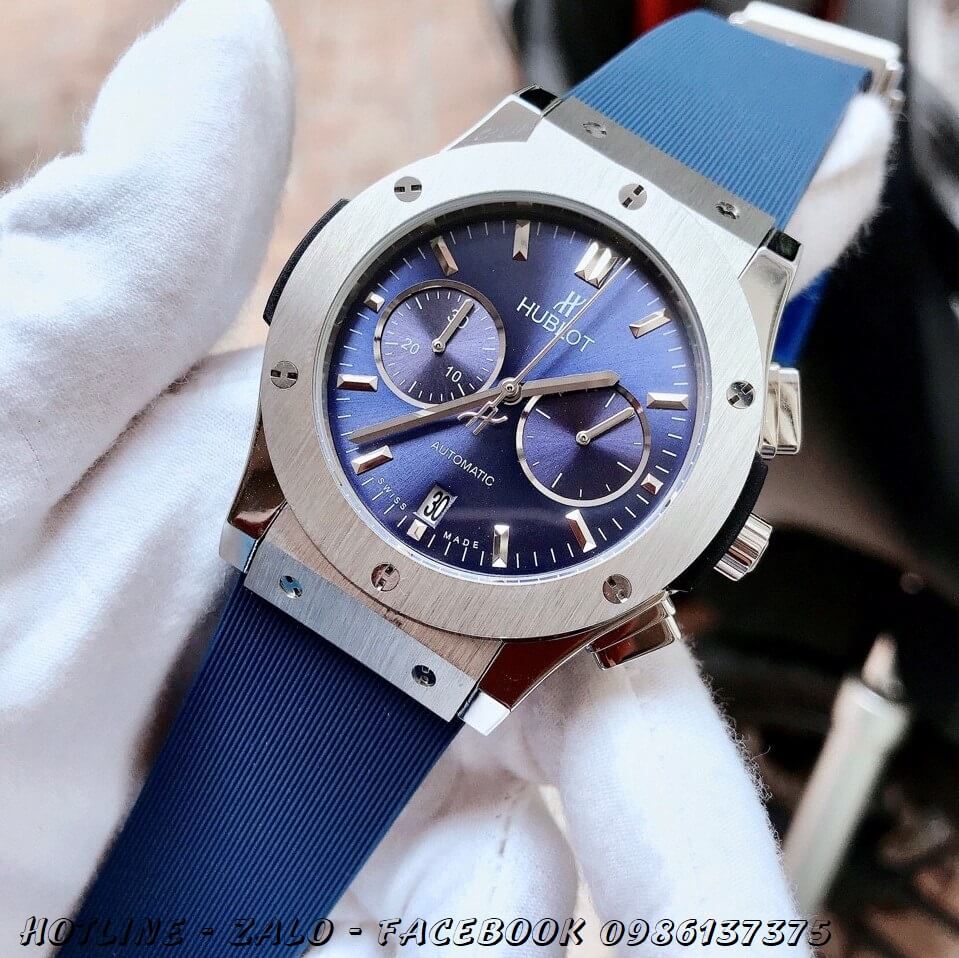 Đồng Hồ Nam Hublot Quartz 5 Kim Silicon Xanh 42mm Vỏ Bạc