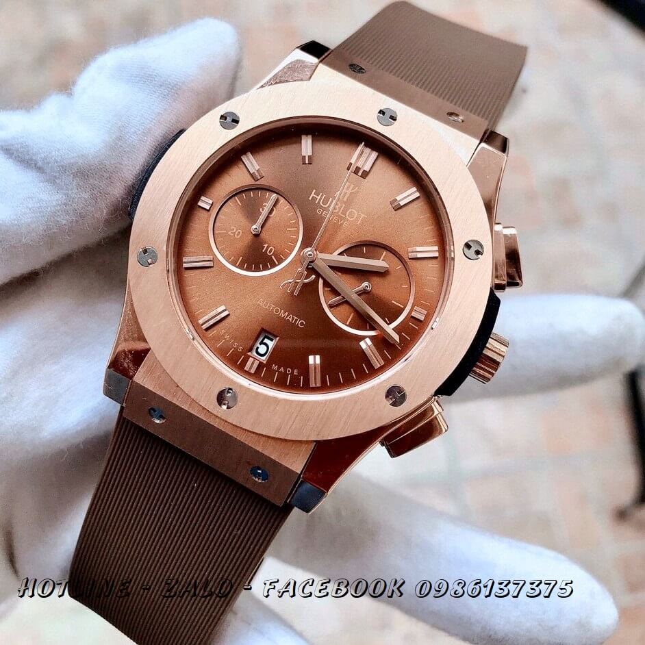 Đồng Hồ Nam Hublot Quartz 5 Kim Silicon Nâu 42mm