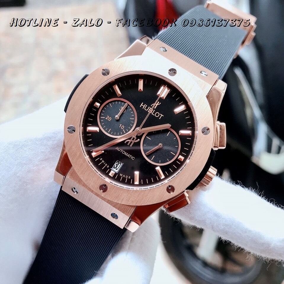 Đồng Hồ Nam Hublot Quartz 5 Kim Silicon Đen 42mm Rose Gold