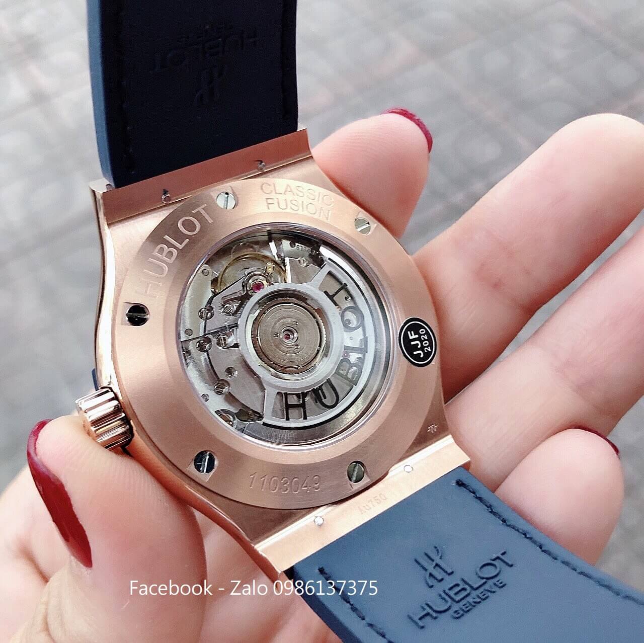 Đồng Hồ Hublot Nam Automatic Dây Da Silicon Xanh 42mm Replica 1:1 (Rose Gold)