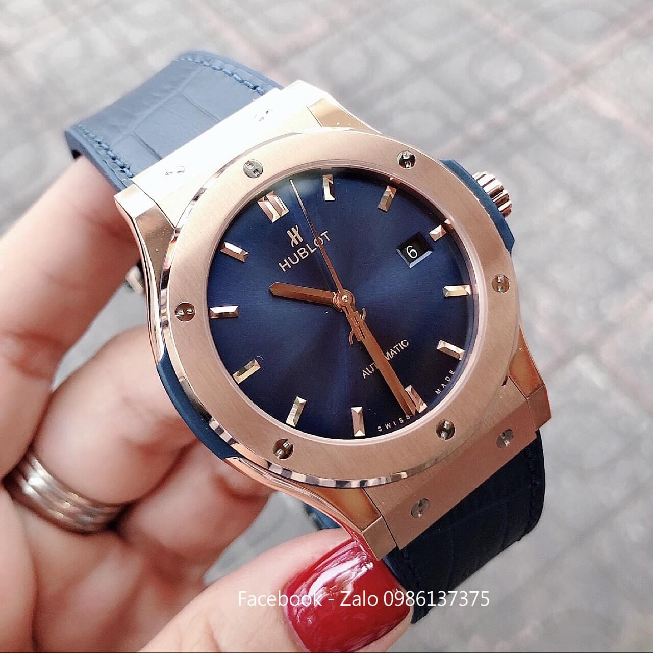 Đồng Hồ Hublot Nam Automatic Dây Da Silicon Xanh 42mm Replica 1:1 (Rose Gold)