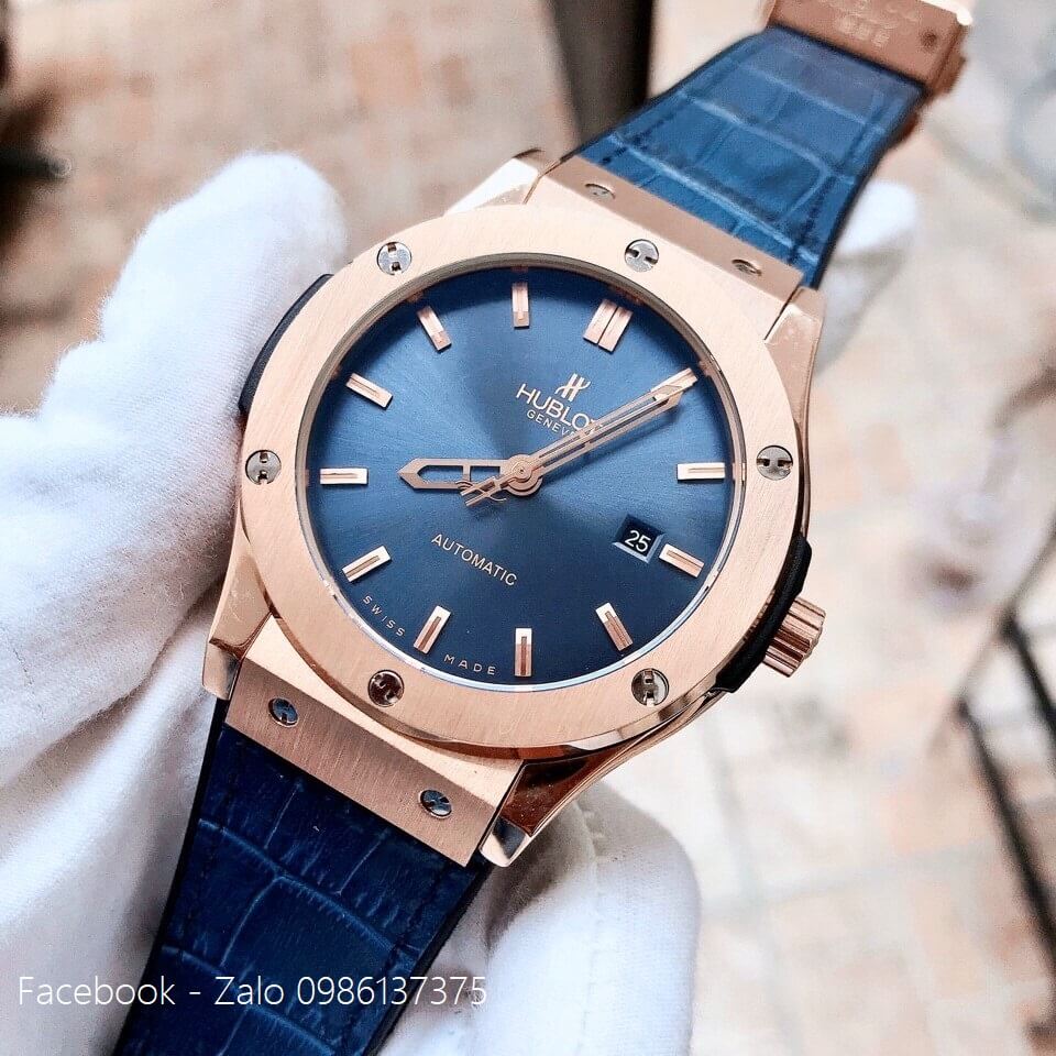 Đồng Hồ Hublot Nam Automatic Dây Da Silicon Xanh 42mm Replica 1:1 (Rose Gold)