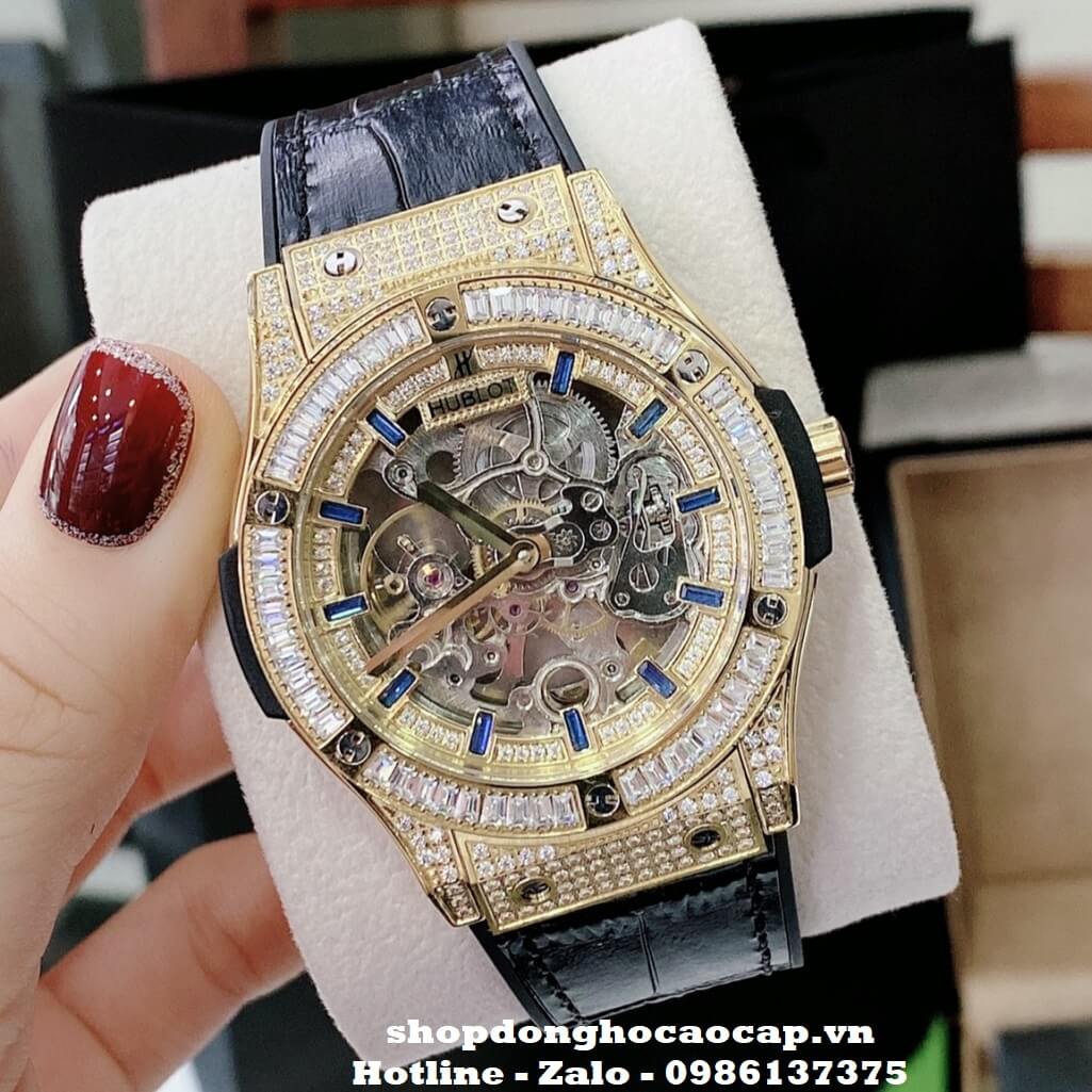 Đồng Hồ Hublot Automatic Nam Lộ Máy Dây Da Silicon Đen Đính Đá 42mm Gold