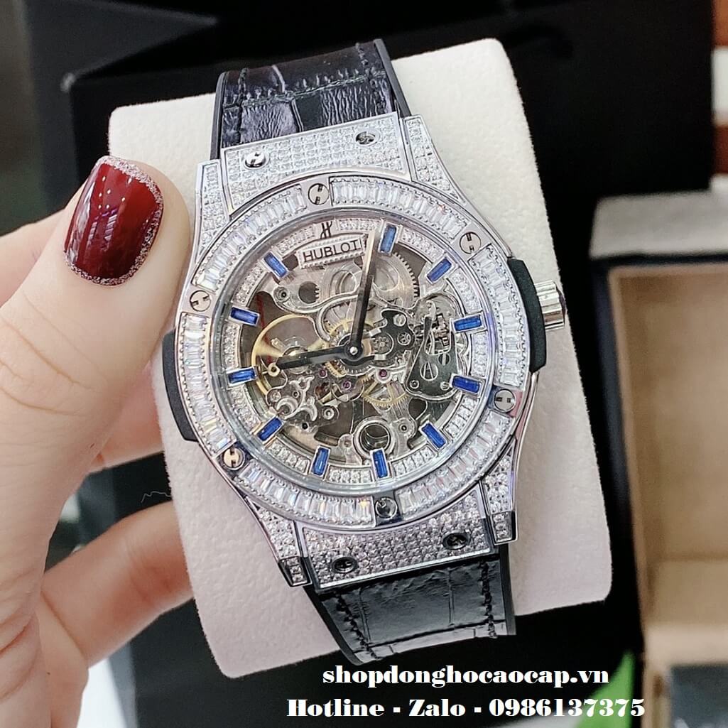 Đồng Hồ Hublot Automatic Nam Lộ Máy Dây Da Silicon Đen Đính Đá 42mm Silver