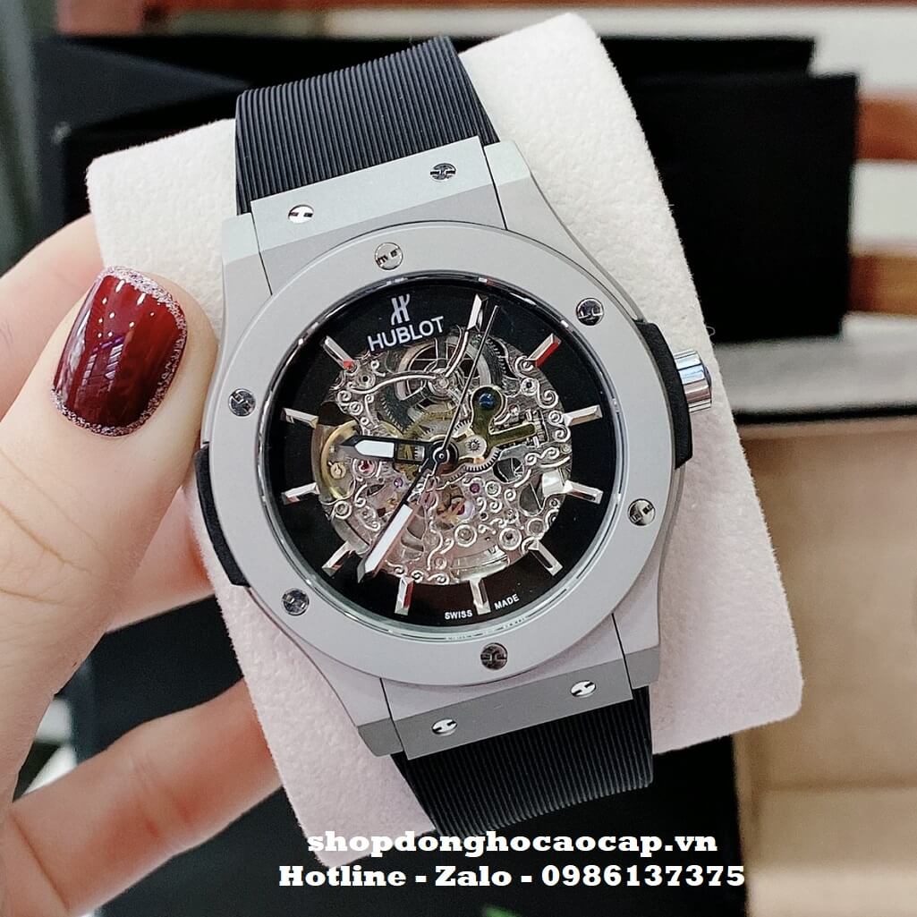 Đồng Hồ Hublot Nam Automatic Lộ Máy Trước Sau Màu Đen Silver 42mm