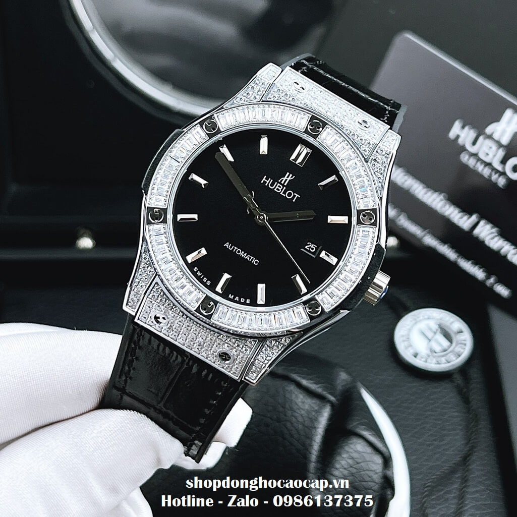 Đồng Hồ Hublot Automatic Nam Dây Da Silicon Đen Đính Đá 42mm