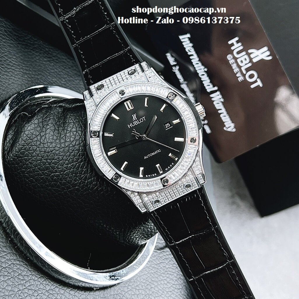 Đồng Hồ Hublot Automatic Nam Dây Da Silicon Đen Đính Đá 42mm