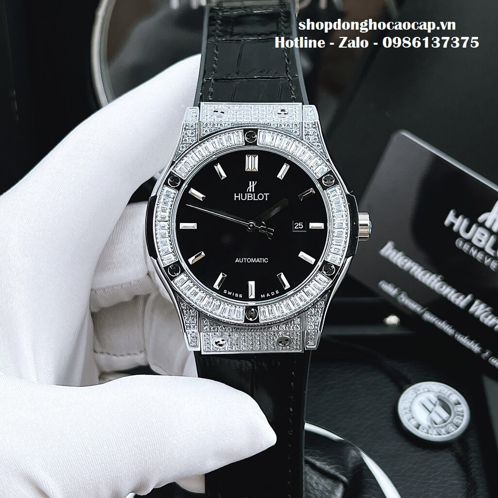 Đồng Hồ Hublot Automatic Nam Dây Da Silicon Đen Đính Đá 42mm