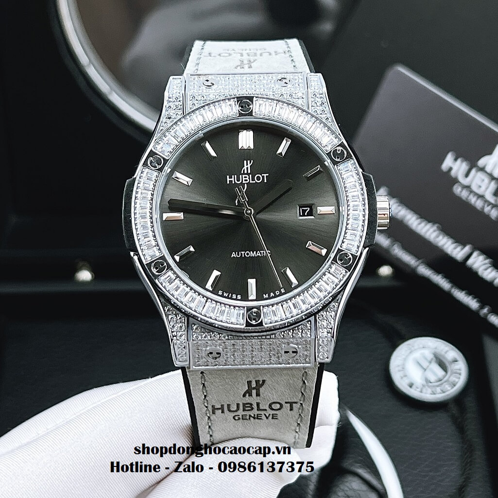 Đồng Hồ Hublot Automatic Nam Dây Da Silicon Xám Đính Đá 42mm