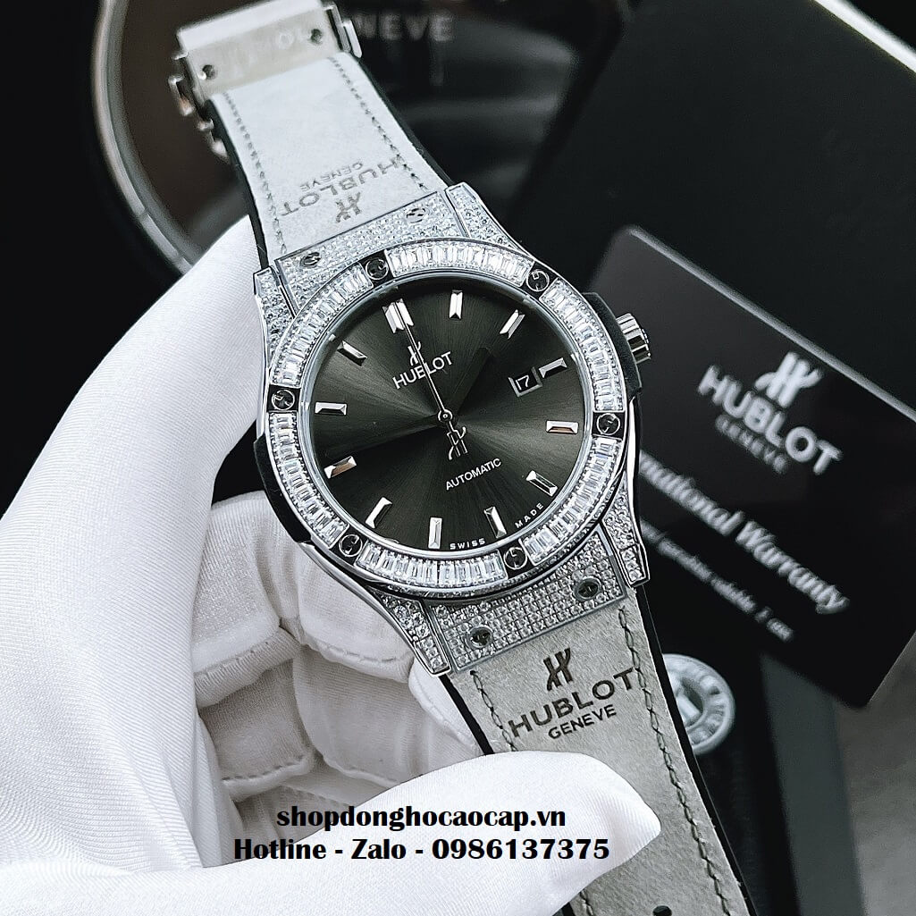 Đồng Hồ Hublot Automatic Nam Dây Da Silicon Xám Đính Đá 42mm