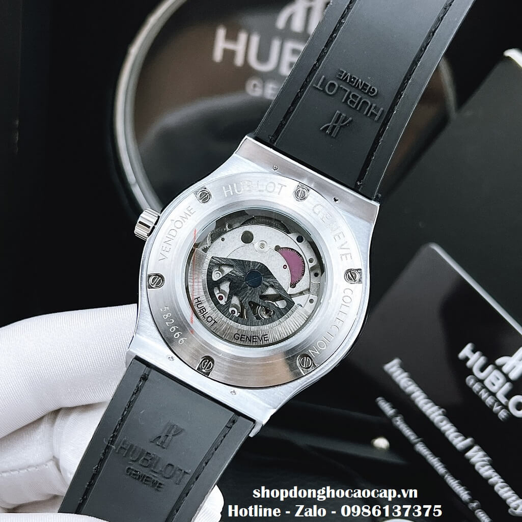 Đồng Hồ Hublot Automatic Nam Dây Da Silicon Đen Đính Đá 42mm