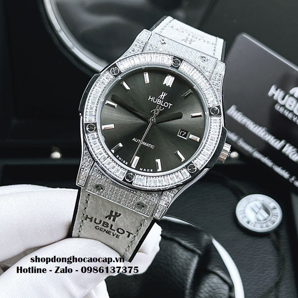 Đồng Hồ Hublot Automatic Nam Dây Da Silicon Xám Đính Đá 42mm