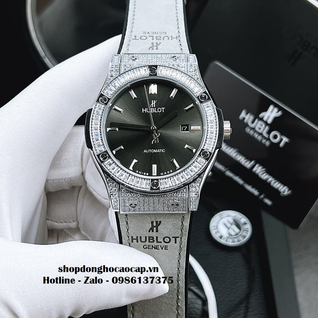 Đồng Hồ Hublot Automatic Nam Dây Da Silicon Xám Đính Đá 42mm