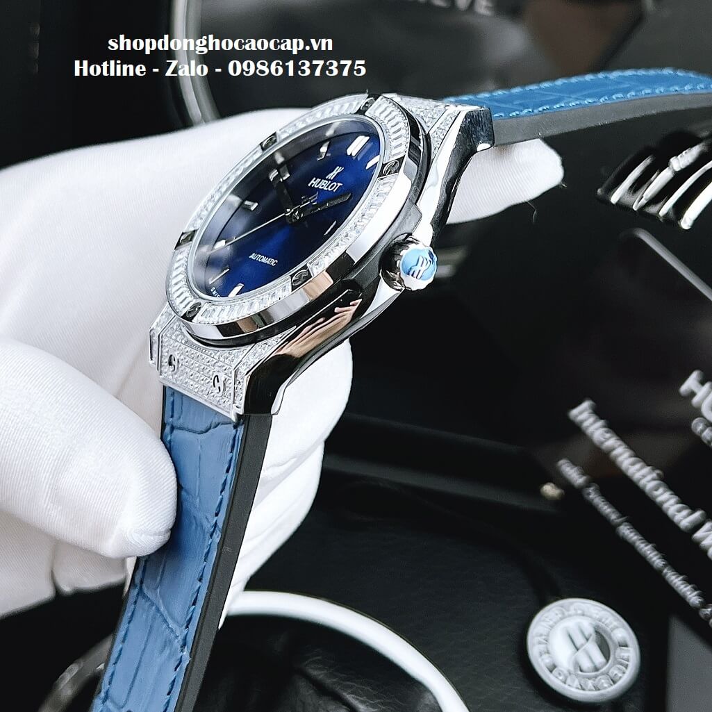 Đồng Hồ Hublot Automatic Nam Dây Da Silicon Xanh Đính Đá 42mm