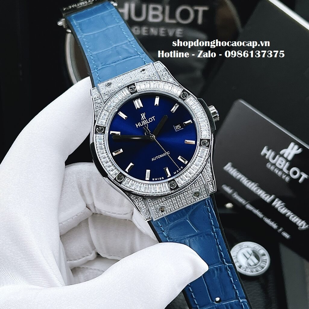 Đồng Hồ Hublot Automatic Nam Dây Da Silicon Xanh Đính Đá 42mm