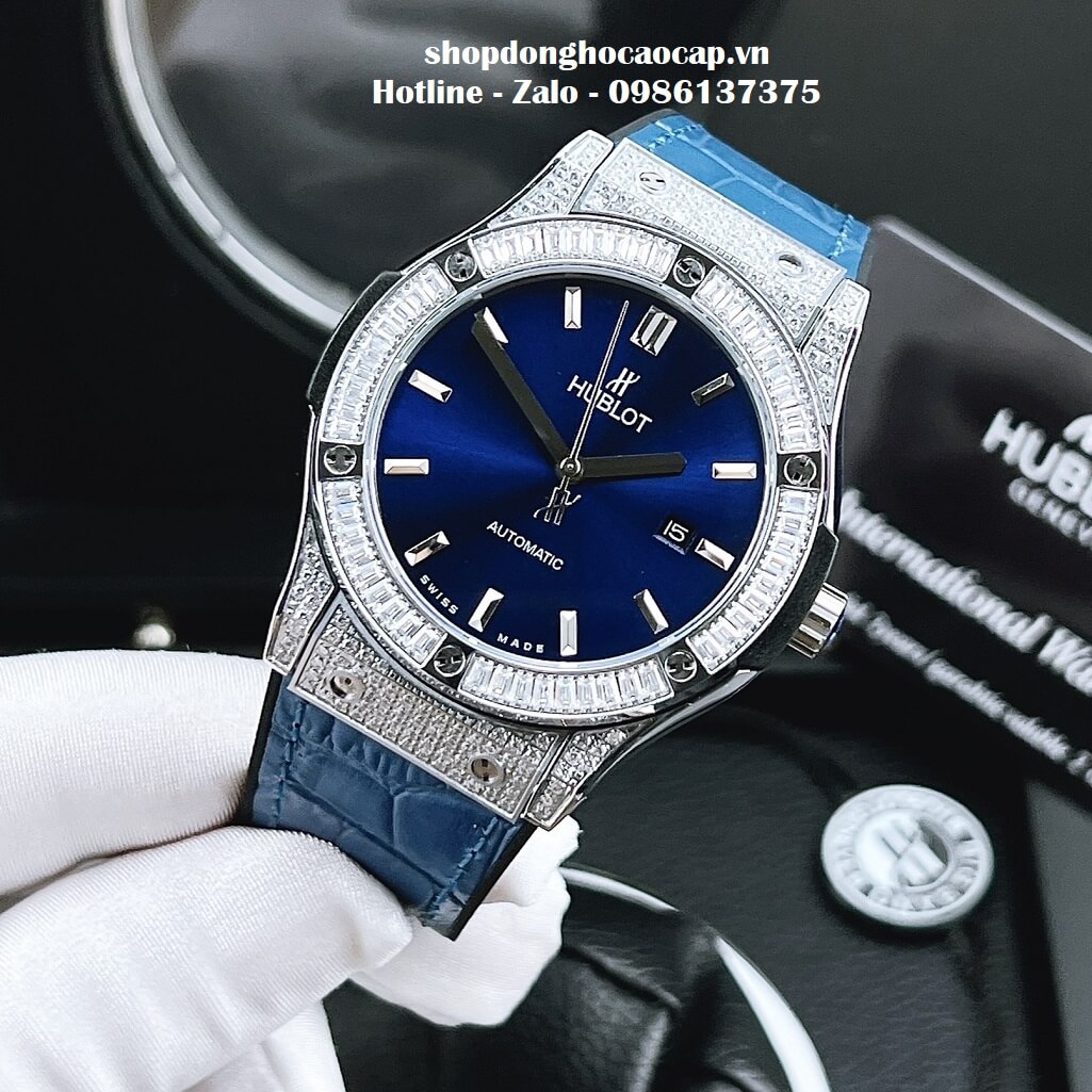 Đồng Hồ Hublot Automatic Nam Dây Da Silicon Xanh Đính Đá 42mm