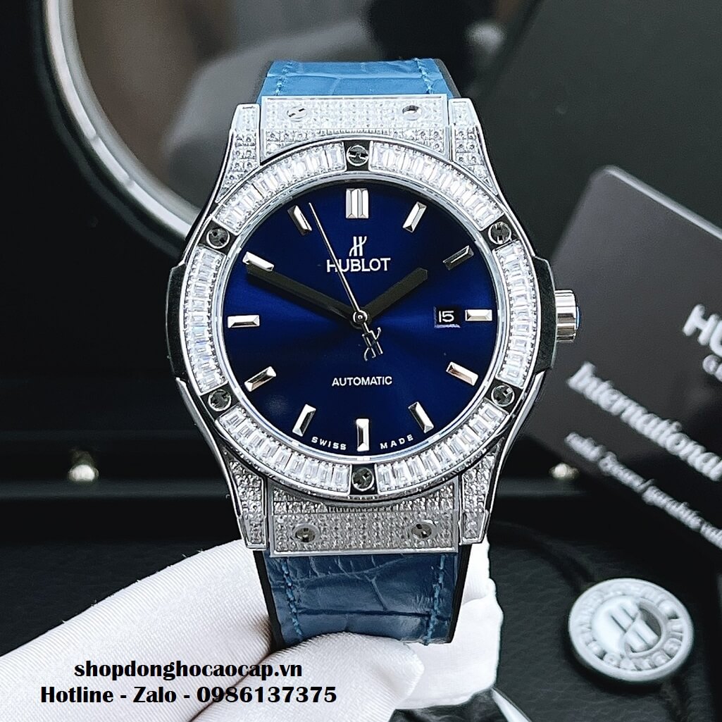 Đồng Hồ Hublot Automatic Nam Dây Da Silicon Xanh Đính Đá 42mm