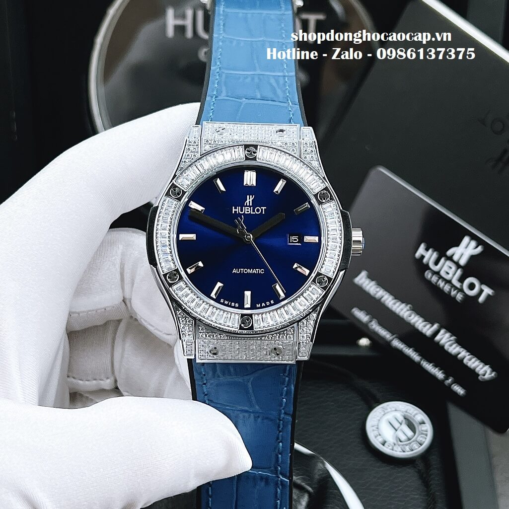 Đồng Hồ Hublot Automatic Nam Dây Da Silicon Xanh Đính Đá 42mm