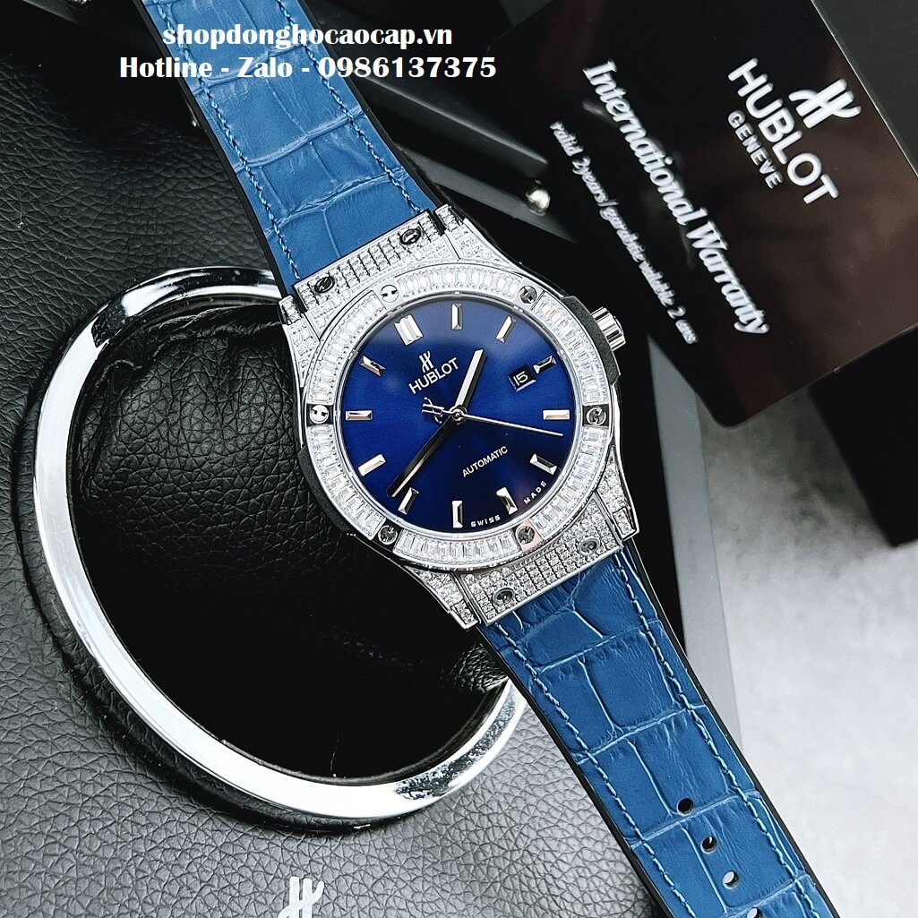 Đồng Hồ Hublot Automatic Nam Dây Da Silicon Xanh Đính Đá 42mm