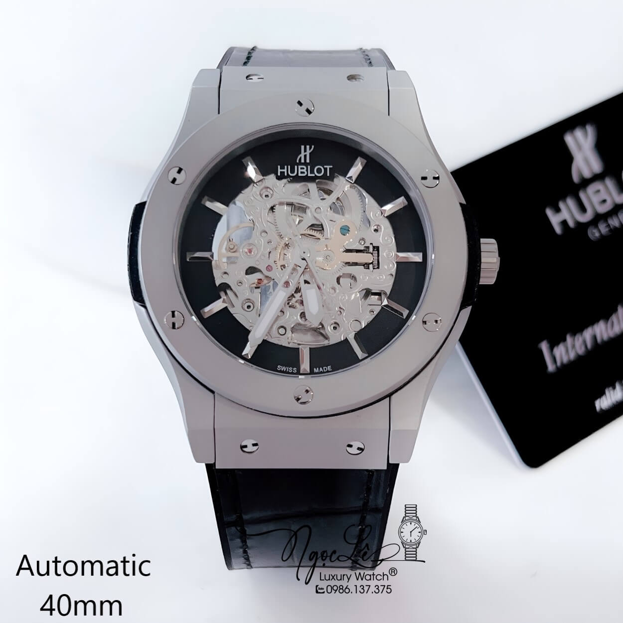 Đồng Hồ Hublot Nam Tự Động Lộ Máy Dây Da Silicon Đen Vỏ Thép Mờ Size 41mm