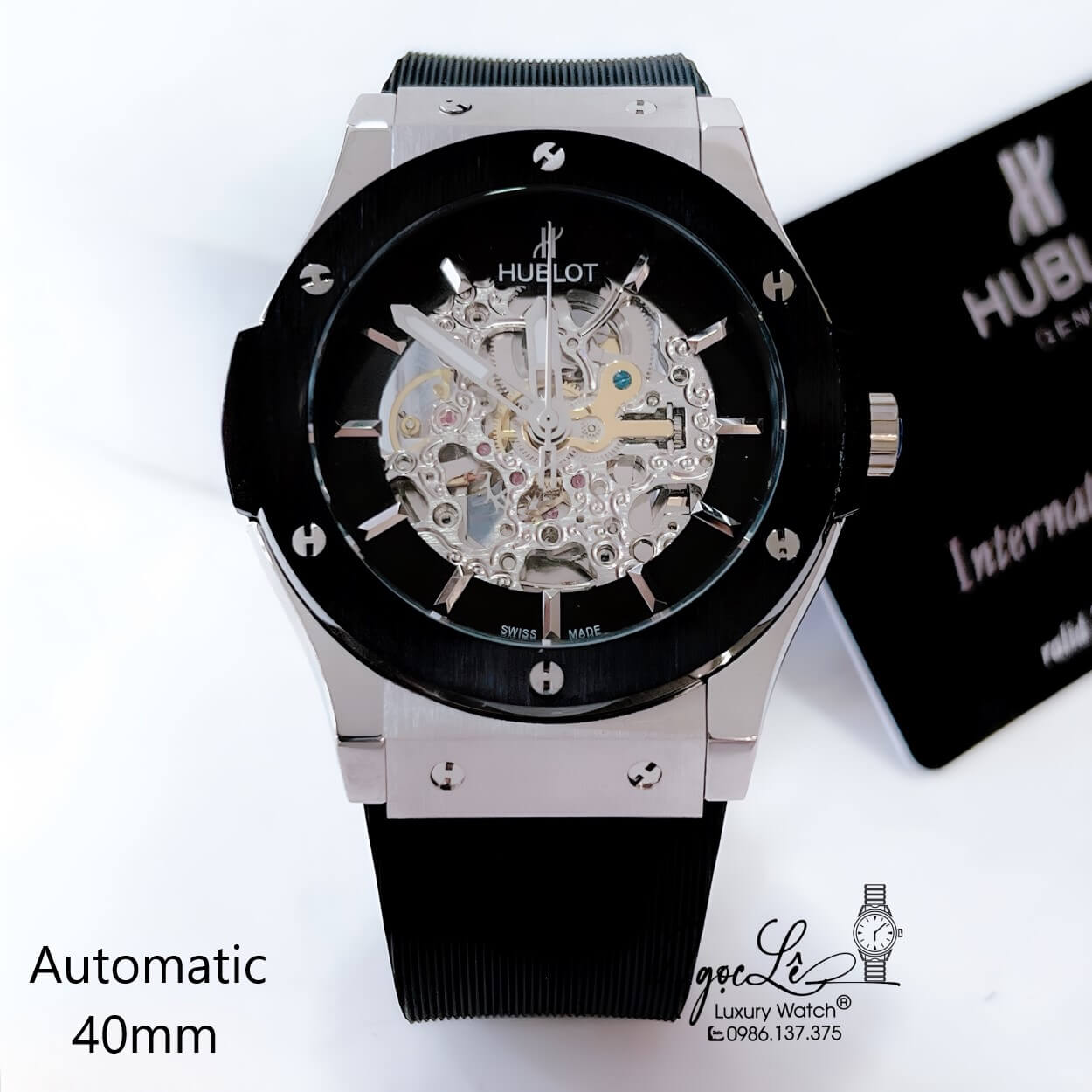 Đồng Hồ Hublot Nam Tự Động Lộ Máy Dây Silicon Đen Vỏ Thép Đen Size 41mm