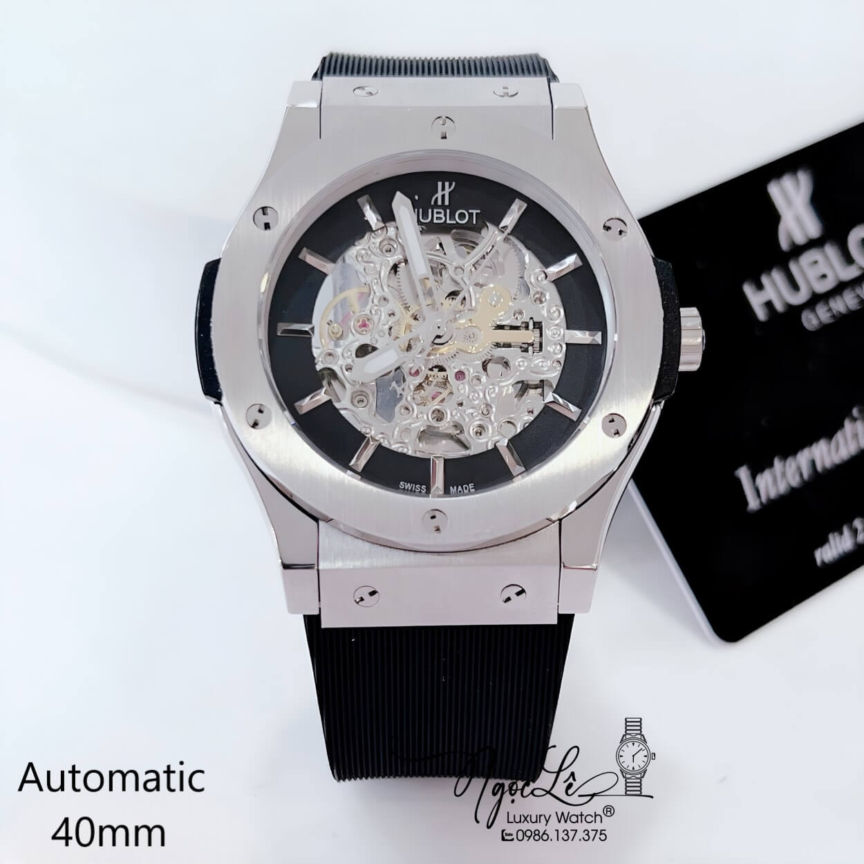 Đồng Hồ Hublot Nam Tự Động Lộ Máy Dây Silicon Đen Vỏ Thép Silver Size 41mm