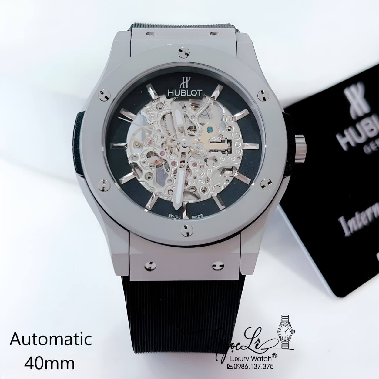 Đồng Hồ Hublot Nam Tự Động Lộ Máy Dây Silicon Đen Vỏ Thép Mờ Size 41mm