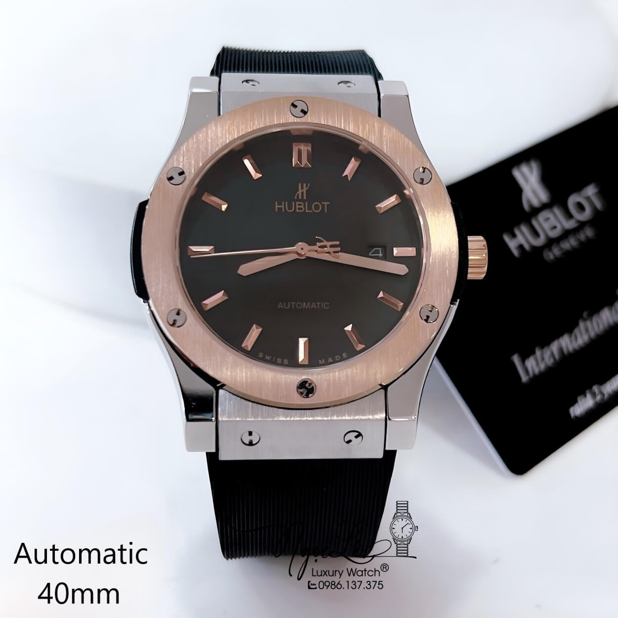 Đồng Hồ Hublot Classic Fusion Nam Máy Cơ Tự Động Dây Silicon Đen Demi Rose Size 41mm