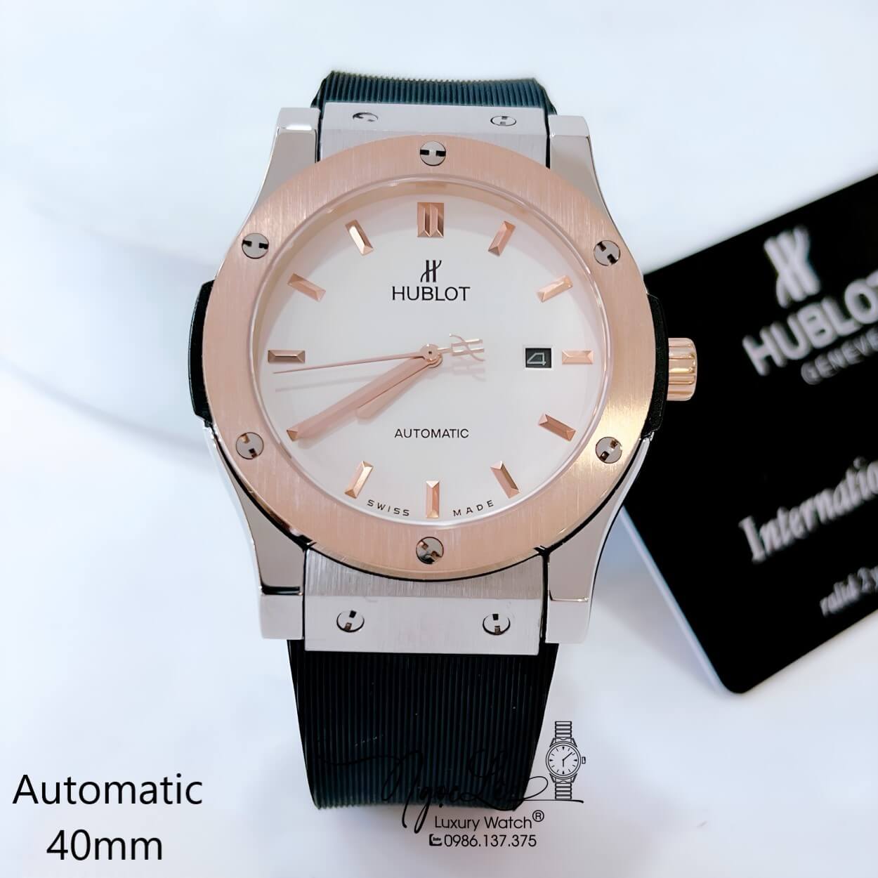 Đồng Hồ Hublot Classic Fusion Nam Máy Cơ Tự Động Dây Silicon Đen Demi Rose Size 41mm