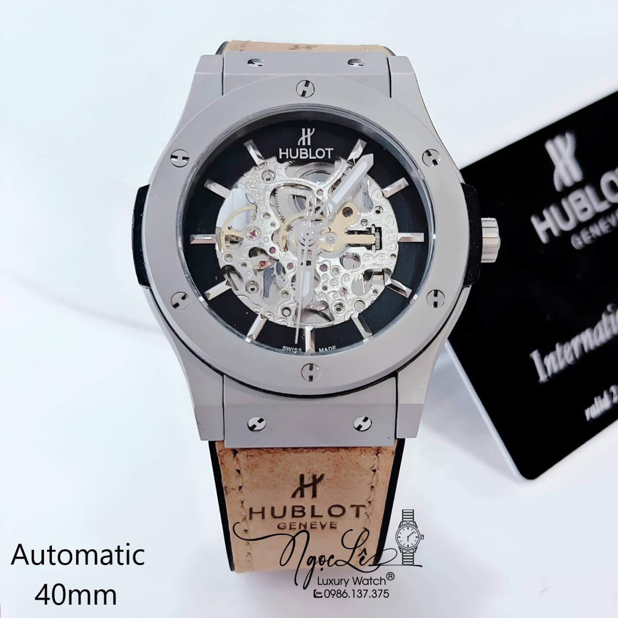 Đồng Hồ Hublot Nam Tự Động Lộ Máy Dây Da Silicon Nâu Vỏ Thép Mờ Size 41mm