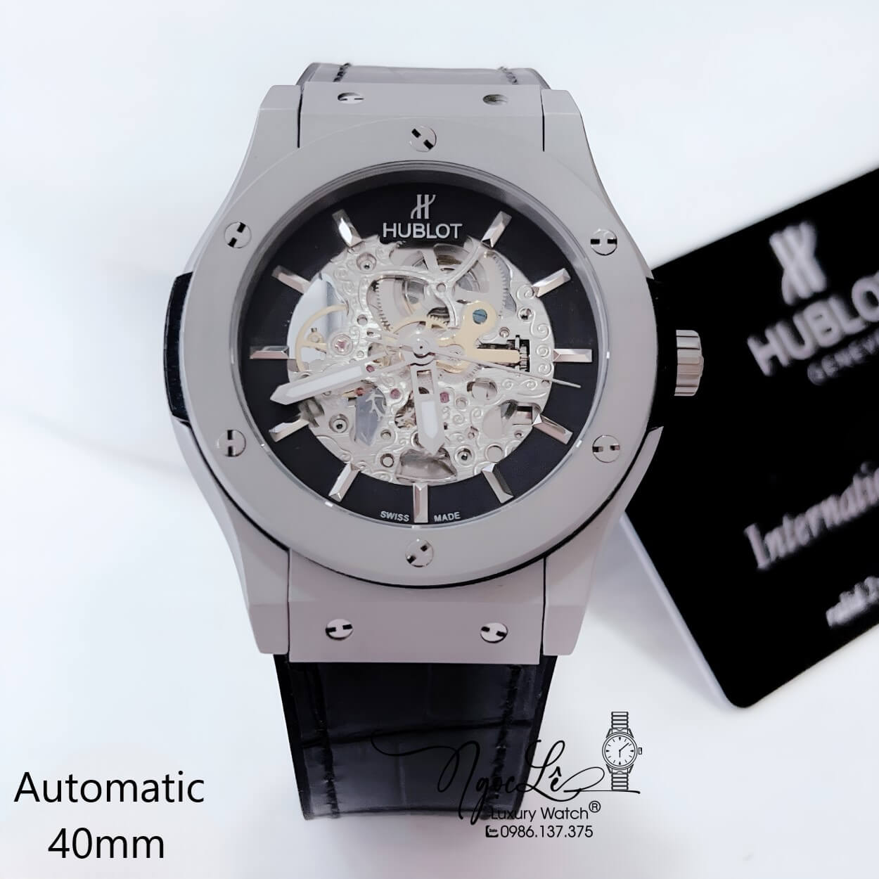 Đồng Hồ Hublot Nam Tự Động Lộ Máy Dây Da Silicon Đen Vỏ Thép Mờ Size 41mm