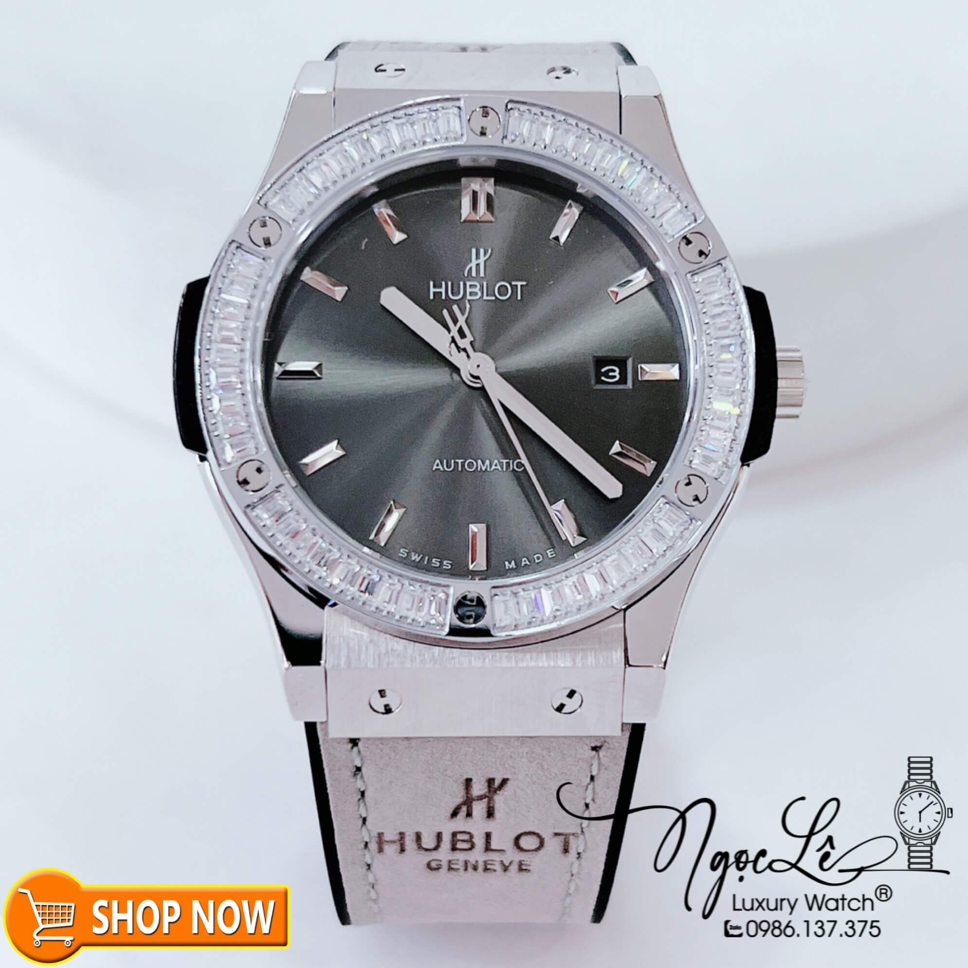 Đồng Hồ Hublot Classic Fusion Nam Máy Cơ Tự Động Dây Da Silicon Xám Đính Đá Ống Vỏ Bạc 42mm