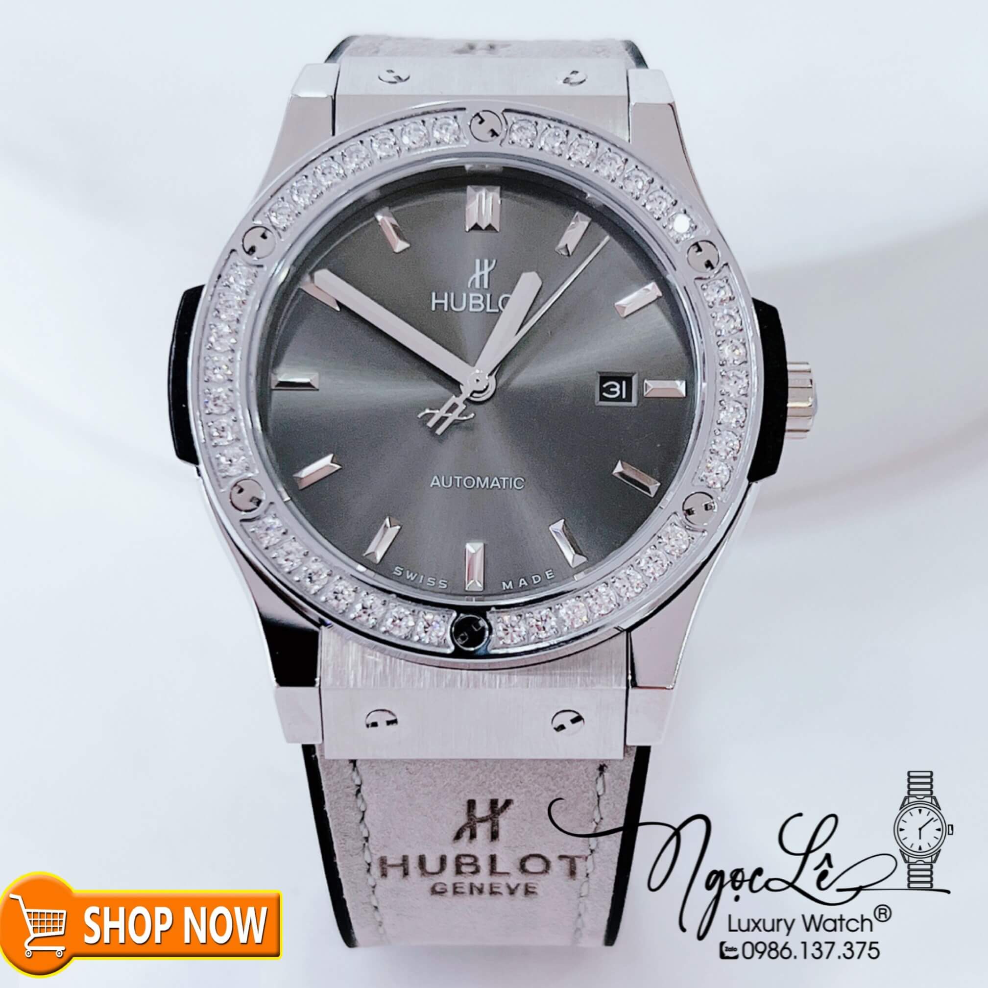 Đồng Hồ Hublot Classic Fusion Nam Máy Cơ Tự Động Dây Da Silicon Xám Đính Đá Tròn Vỏ Bạc 42mm