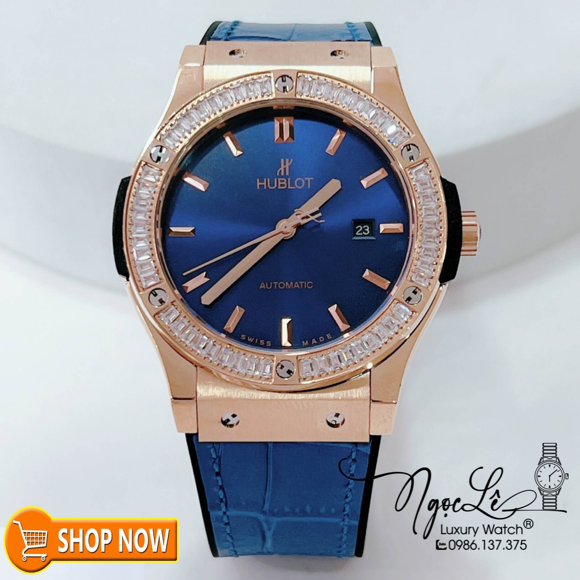 Đồng Hồ Hublot Classic Fusion Nam Máy Cơ Tự Động Dây Da Silicon Xanh Đính Đá Ống Vỏ Rose 42mm