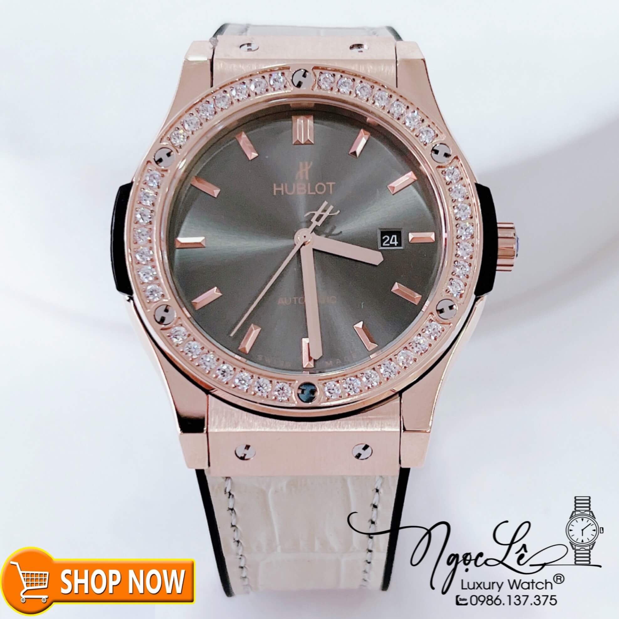 Đồng Hồ Hublot Classic Fusion Nam Máy Cơ Tự Động Dây Da Silicon Xám Đính Đá Tròn Vỏ Rose 42mm