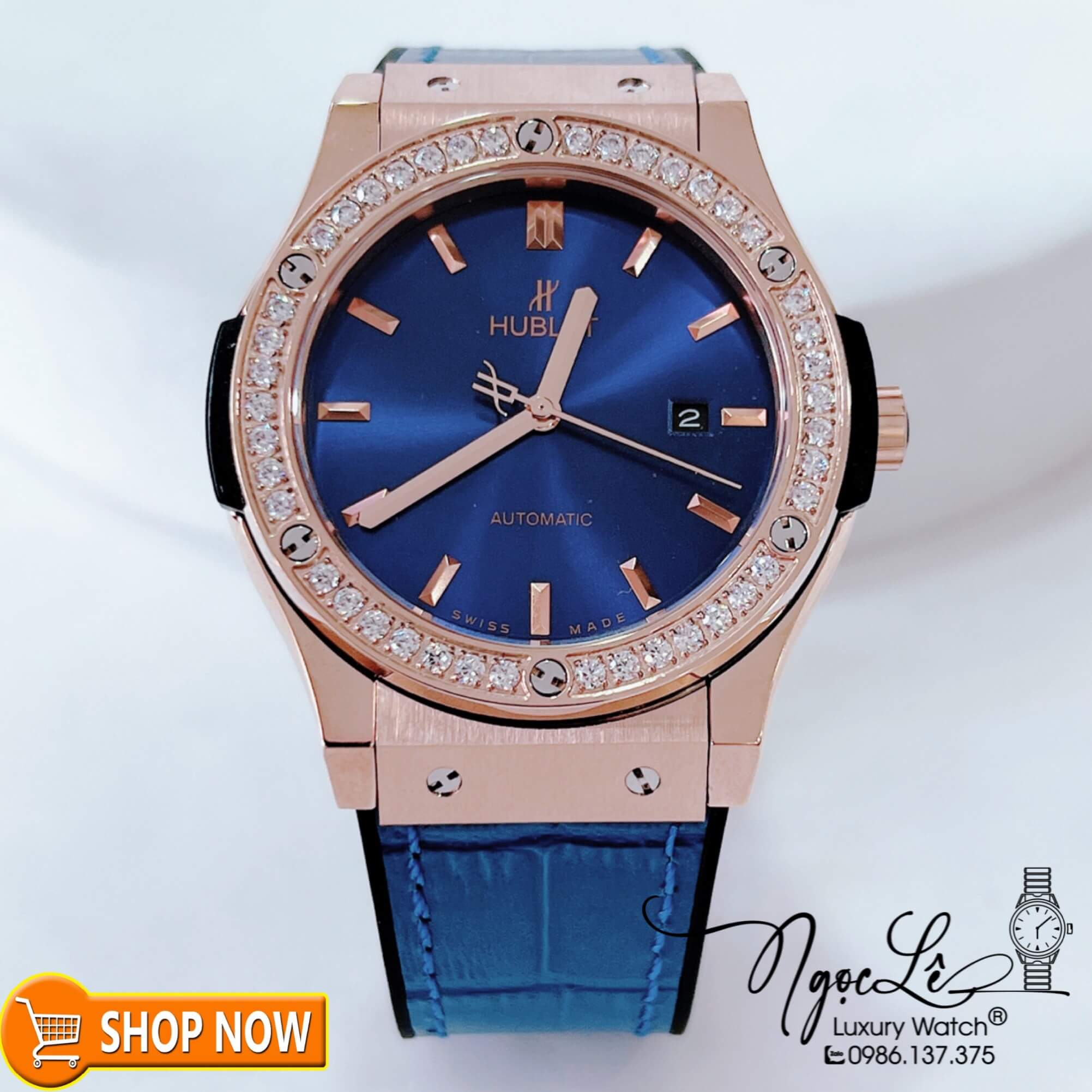 Đồng Hồ Hublot Classic Fusion Nam Máy Cơ Tự Động Dây Da Silicon Xanh Đính Đá Tròn Vỏ Rose 42mm